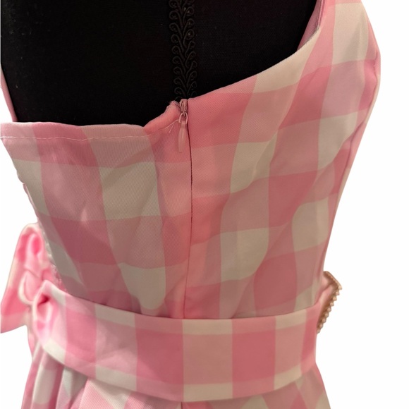 Pink & White Checkered Barbie Dress Costume with Bow Belt & Earrings size L - Picture 10 of 16